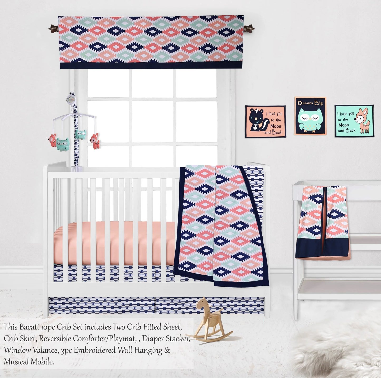 200 Thread Count Percale 10 Piece Nursery Bedding Sets, Crib Bed with Comforter, Fitted Sheet, Window Valance, Diaper Stacker, Crib Skirt/Ruffle